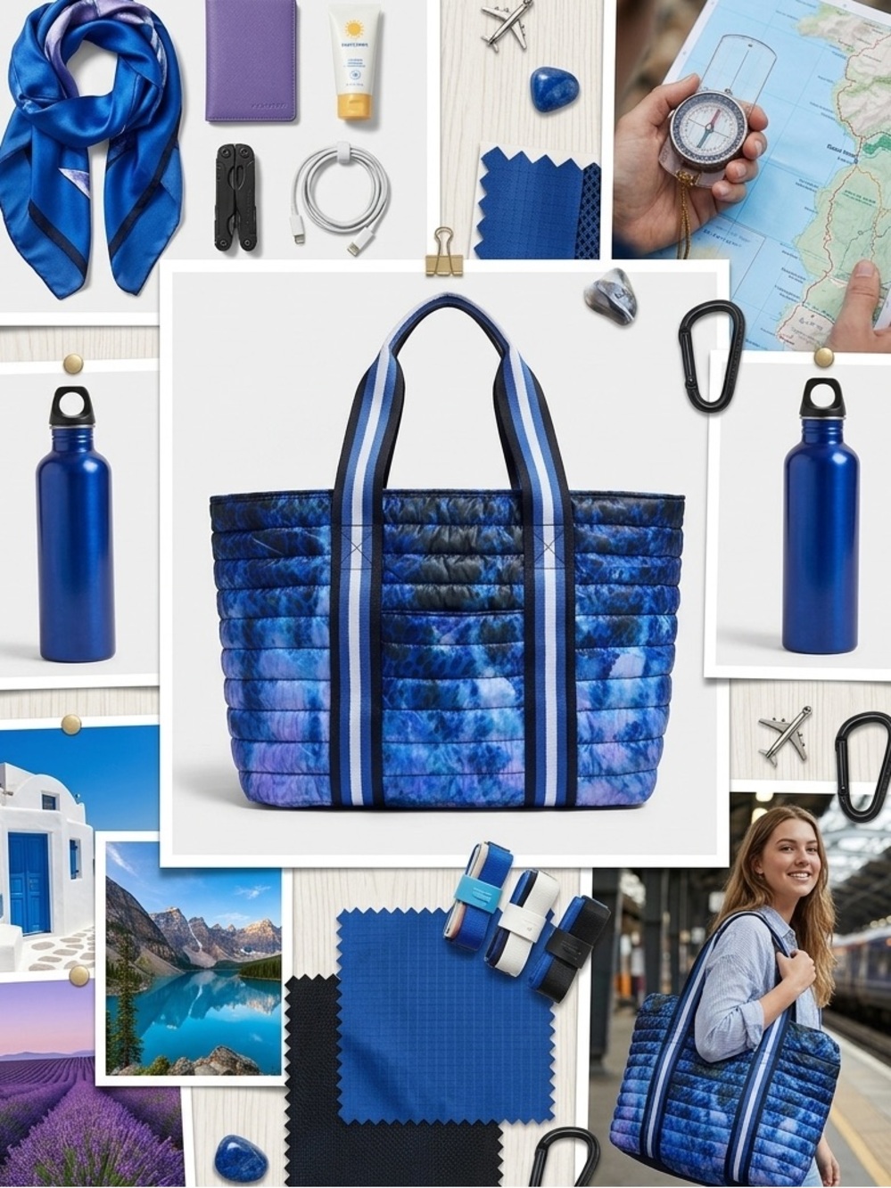 Think Royln - Blue Quilted Tote Bag with Striped Handles - Light Travel Bag